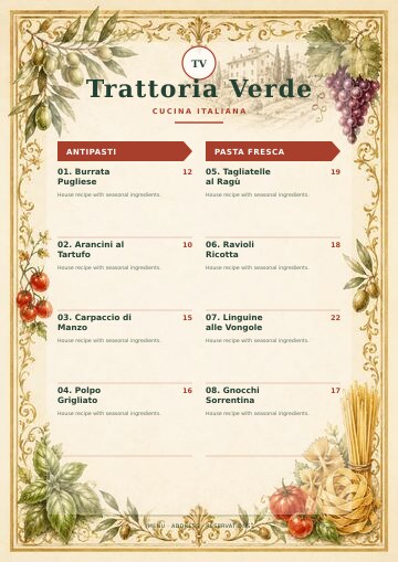 Trattoria Verde complete menu design preview