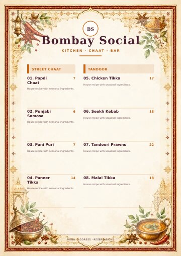 Bombay Social complete menu design preview