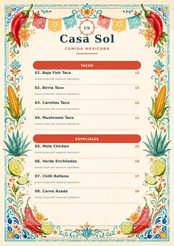 Casa Sol complete menu design preview