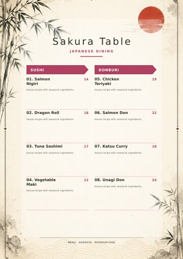 Sakura Table complete menu design preview