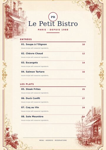 Le Petit Bistro complete menu design preview