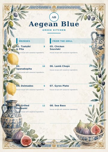 Aegean Blue complete menu design preview