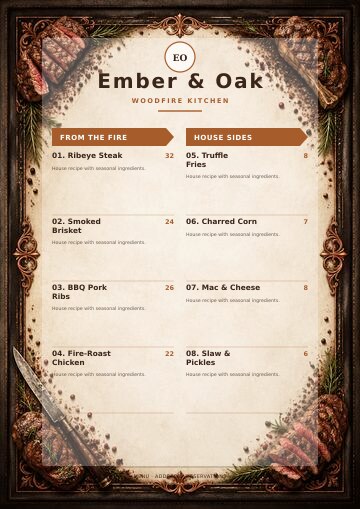 Ember & Oak complete menu design preview