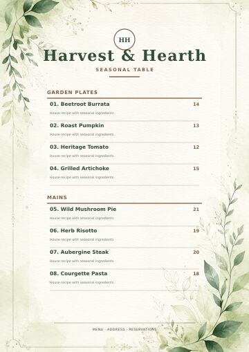 Harvest & Hearth complete menu design preview
