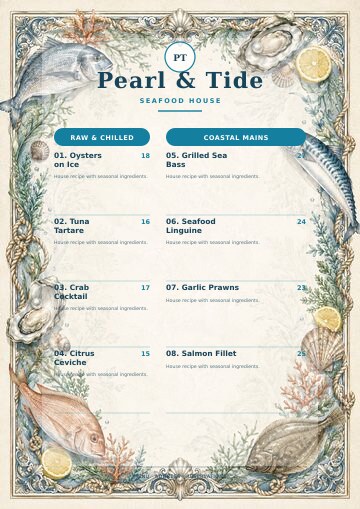 Pearl & Tide complete menu design preview