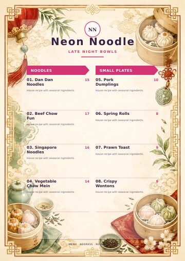 Neon Noodle complete menu design preview