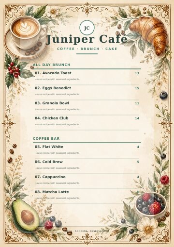 Juniper Café complete menu design preview