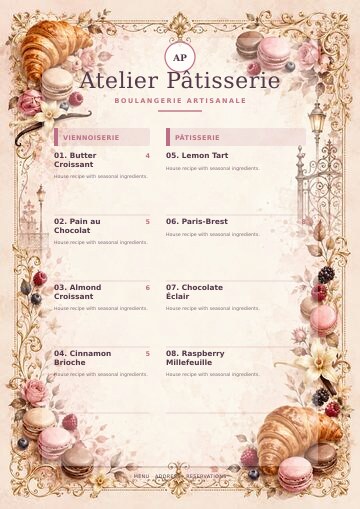 Atelier Pâtisserie complete menu design preview