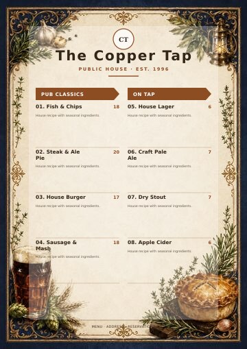The Copper Tap complete menu design preview