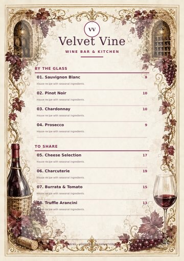 Velvet Vine complete menu design preview