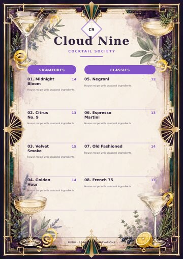 Cloud Nine complete menu design preview