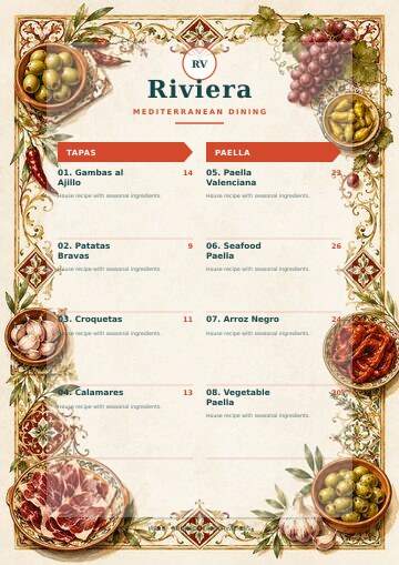 Riviera complete menu design preview