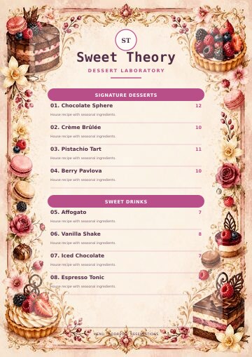 Sweet Theory complete menu design preview
